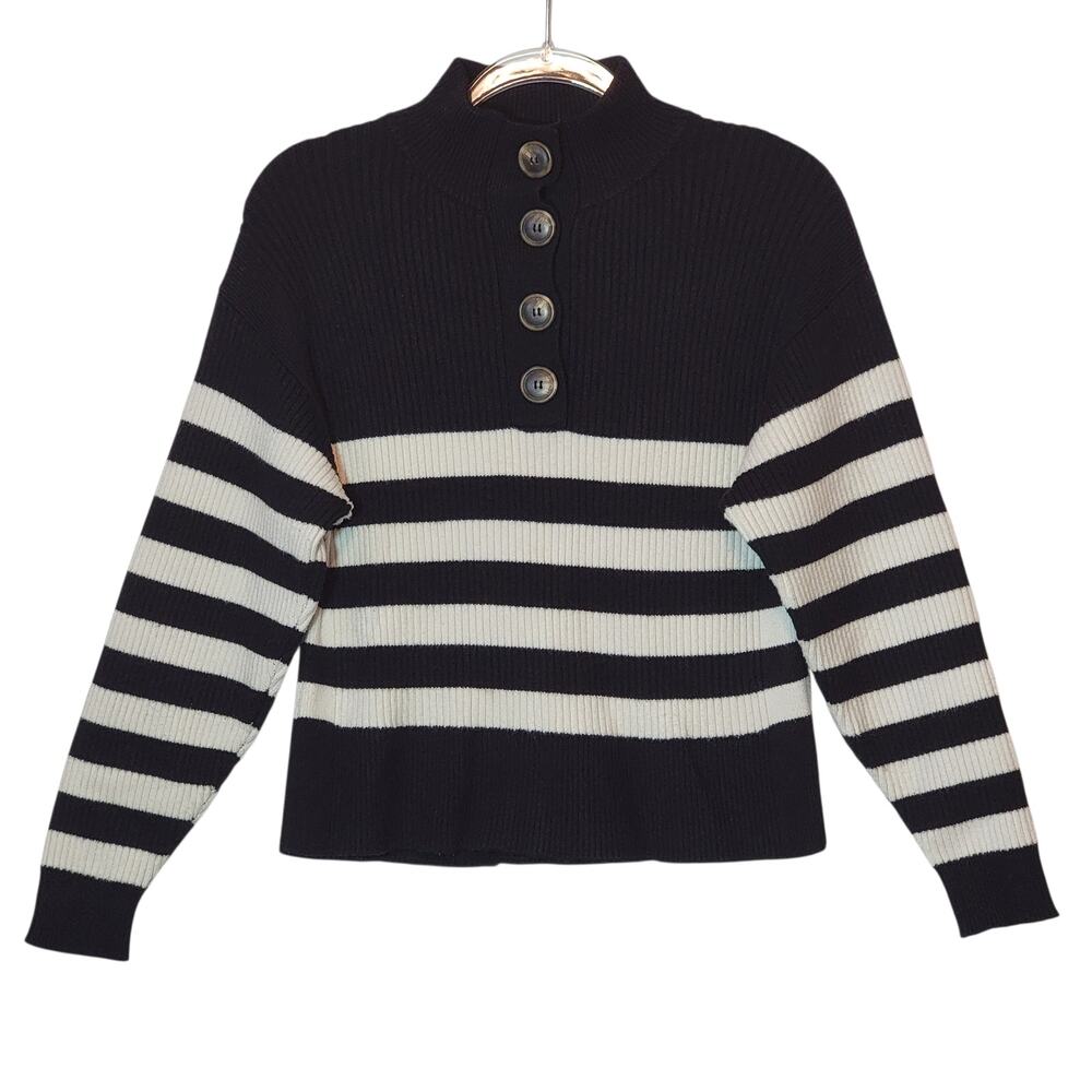 MNG Black White Striped Rib Knit Mock Neck Half Button Sweater S Cozy